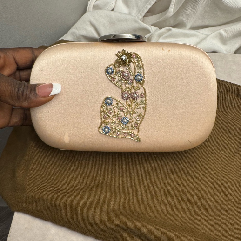 Giambattista Bali silk Cream Clutch with Embellished Design